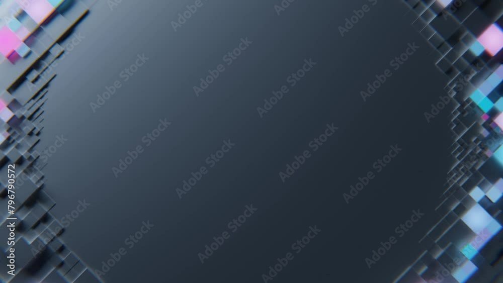 3d render of black background made of stack of glass colorful cubes with central wave. Simple technology concept.