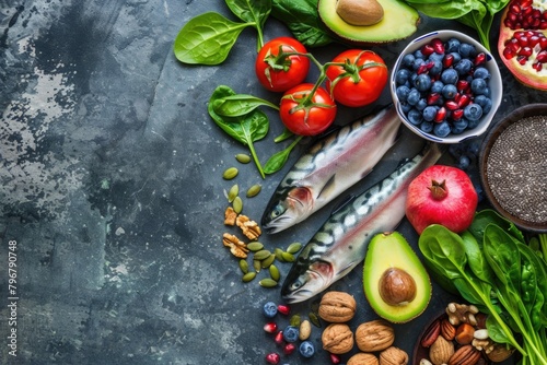 Health Nutrition Background. Top View of Healthy Food: Fish, Blueberries, Nuts, Pomegranate, Avocados, Tomatoes, Spinach, Flax