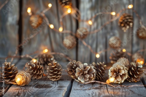 Background December. Christmas Holiday Golden Garland Lights and Pine Cones on Wooden Texture