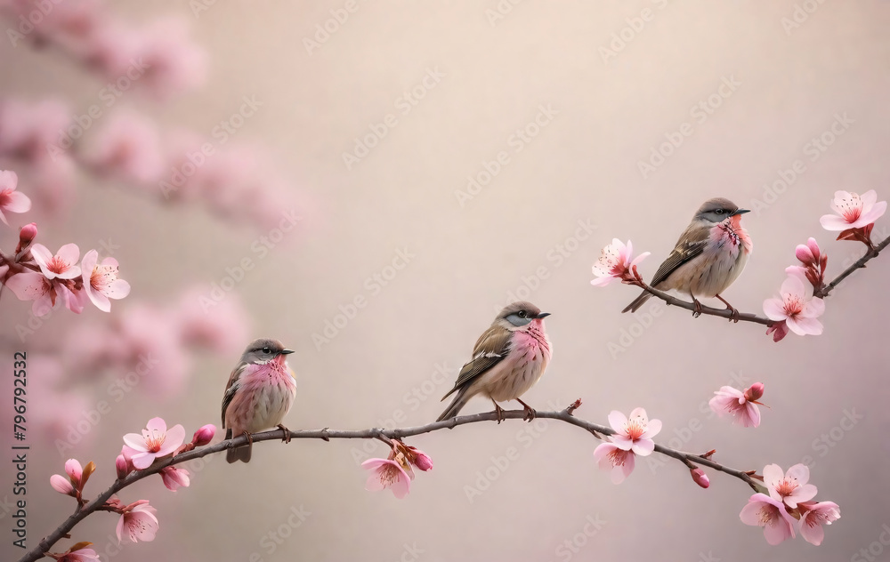Bird Perched on a Branch Painting with Pink Accents