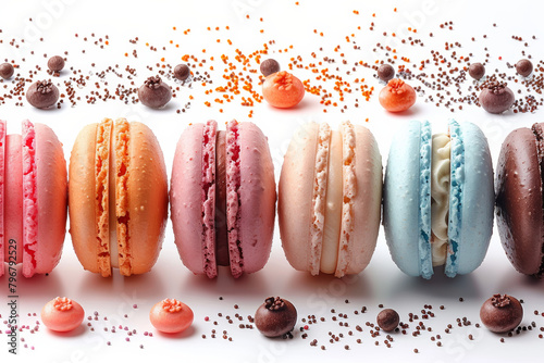 Flying hovering macaroons on a white background.