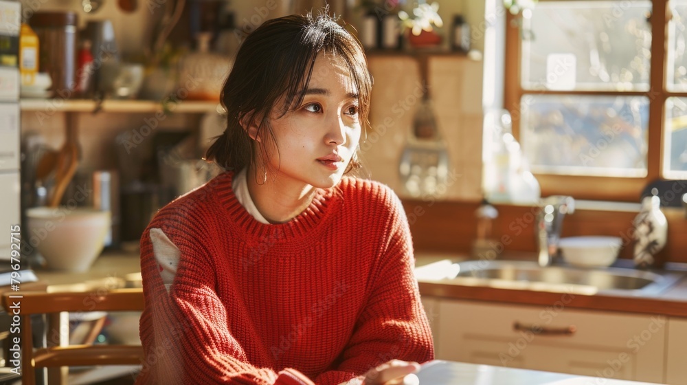 A woman in a red sweater sits at a table in a kitchen