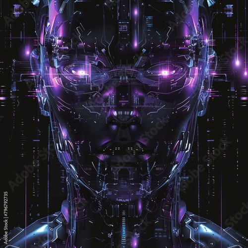 A graphics sleek and stylish a futuristic touch  featuring a holographic image of a robot face  with a color scheme of black and purple  AI Generative