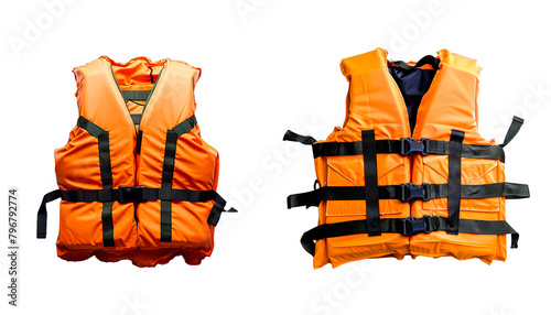Personal Flotation Devices: Orange Life Jackets Isolated on White Background for Water Safety photo