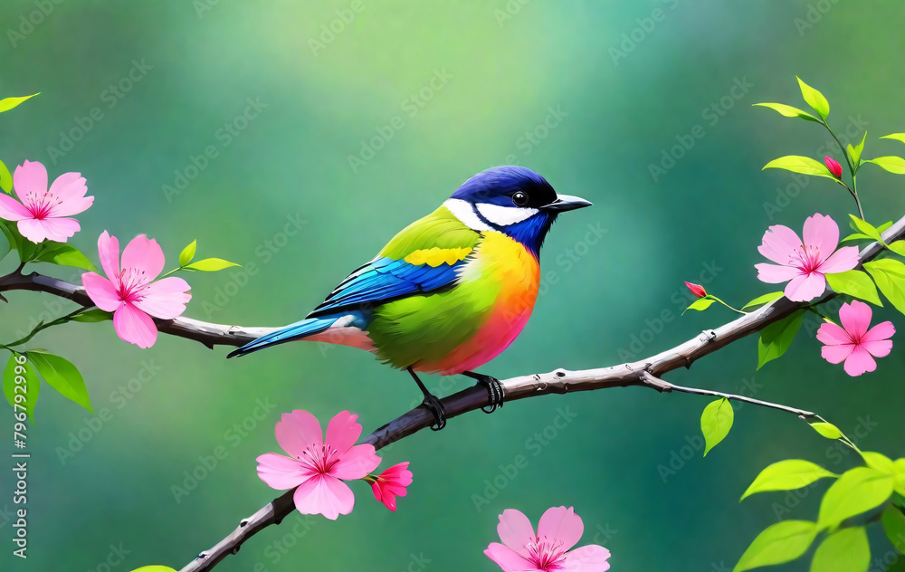 Fototapeta premium Vibrant Painting: Colorful Bird Perched on a Branch