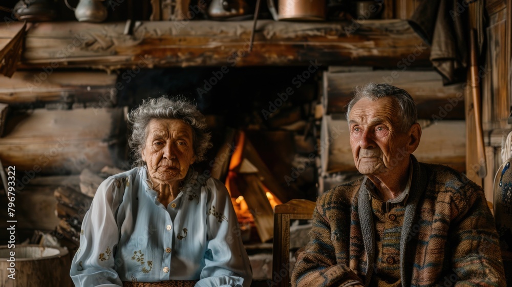 Two elderly people are sitting in front of a fireplace
