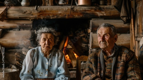 Two elderly people are sitting in front of a fireplace