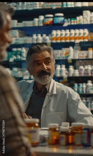 A man in a white lab coat is talking to an older man in a pharmacy