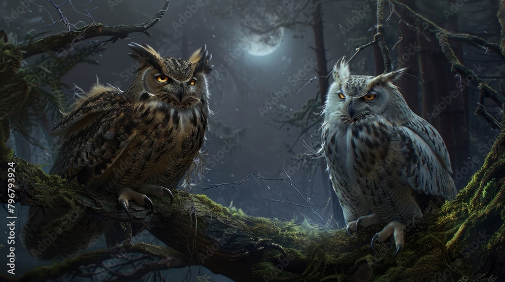 Two owls are sitting on a tree branch in the dark Two owls are sitting on a tree branch in the dark