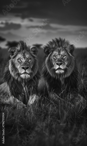 Two lions standing in a field with the sun setting behind them