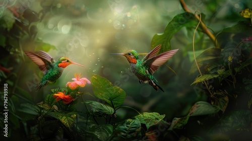 Two hummingbirds are flying over a flower