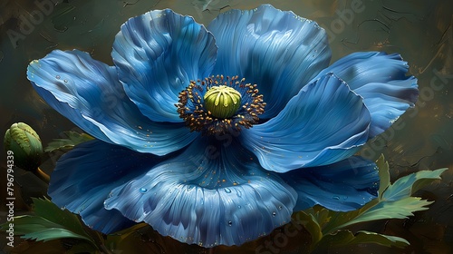Create a composition featuring the Blue Himalayan Poppy, known for its vibrant blue petals and rarity outside its native alpine habitat photo
