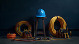 A meticulously organized collection of tools sprawls across a dark surface, featuring a hard hat, hammers, and wrenches, highlighting the preparedness and precision of a skilled tradesperson's craft