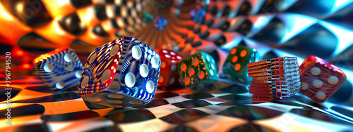 A close-up view of mesmerizing psychedelic abstract colorful dice, adding an element of surprise and intrigue to the casino atmosphere