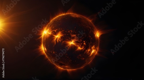 a big sun surface with solar flares and copy space on black background, global warming concept. Abstract scientific in universe.generative.ai 