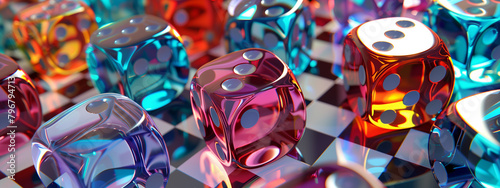 A close-up view of mesmerizing psychedelic colorful tranasparent abstract dice, adding an element of surprise and intrigue to the casino atmosphere