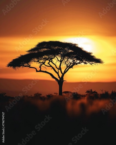 African Continent. Sunset over Acacia Tree in Kenya National Park Map Concept