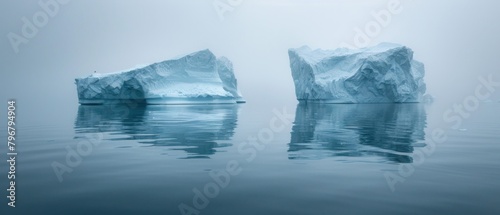 Crumbling icebergs drift aimlessly, their majestic presence diminished against the backdrop of a warming world. photo