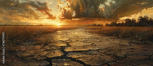 A cracked, parched earth forms the backdrop, showcasing nature's plea for respite from the relentless heat. photo