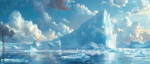 Crumbling icebergs drift aimlessly, their majestic presence diminished against the backdrop of a warming world. photo