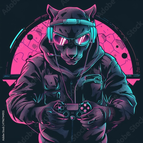 A portrait stealthy and mysterious panther, wearing a ninja outfit and holding a game controller in neon colors, AI Generative