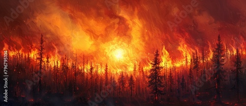 Fierce wildfires paint the sky with hues of orange and red, casting an ominous shadow on the backdrop of the world.