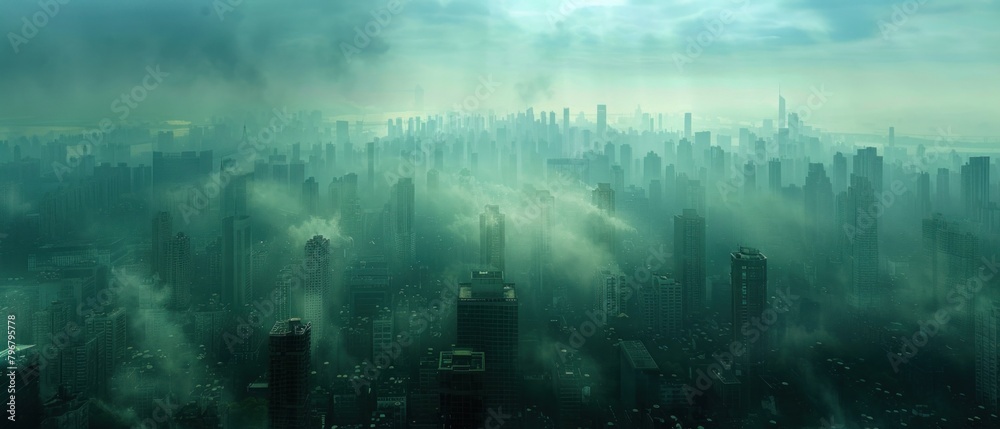 Urban skylines shrouded in smog serve as a stark reminder of the human footprint on the backdrop of the environment.