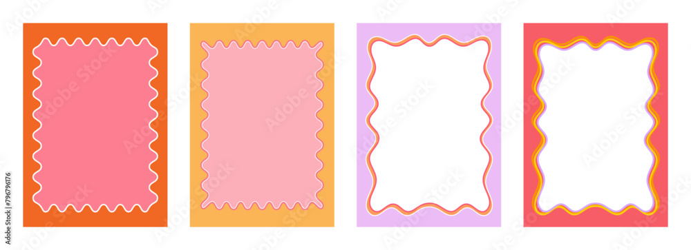 Set of Retro FRAMES WITH DOODLE orange, RED, PINK curvy squiggly wavy. Wave scalloped edge frame. Cute curved frame box. Trendy vector template for greeting card, poster, invitation, social media	