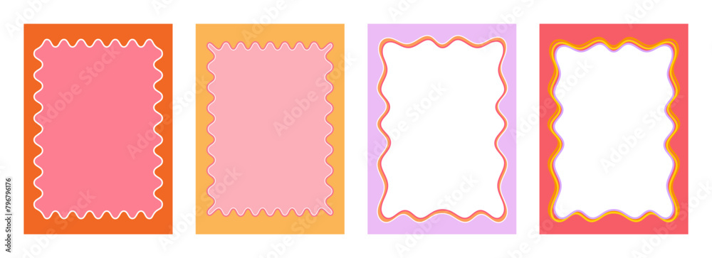 Set of Retro FRAMES WITH DOODLE orange, RED, PINK curvy squiggly wavy. Wave scalloped edge frame. Cute curved frame box. Trendy vector template for greeting card, poster, invitation, social media Set of Retro FRAMES WITH DOODLE orange, RED, PINK curvy squiggly wavy. Wave scalloped edge frame. Cute curved frame box. Trendy vector template for greeting card, poster, invitation, social media