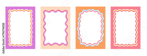 Set of Retro FRAMES WITH DOODLE orange, RED, PINK curvy squiggly wavy. Wave scalloped edge frame. Cute curved frame box. Trendy vector template for greeting card, poster, invitation, social media	