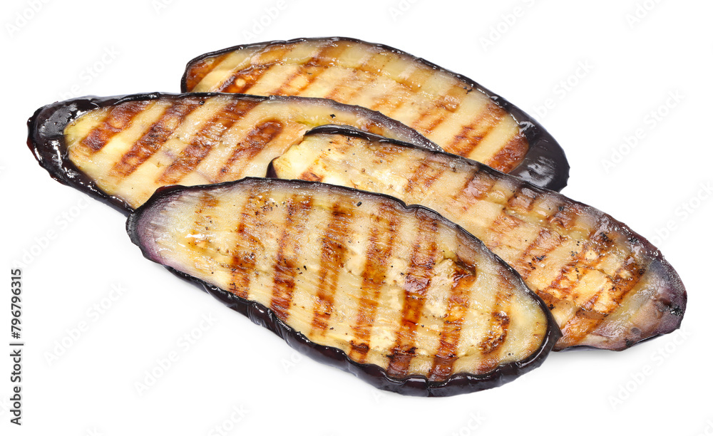 Slices of tasty grilled eggplant isolated on white Slices of tasty grilled eggplant isolated on white