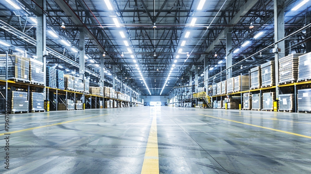 Obraz premium Warehouse industrial and logistics companies. Commercial warehouse. Huge distribution warehouse with high shelves. Low angle view.