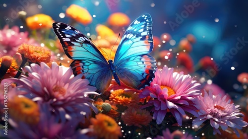 a portrait pearl butterfly with the colorful flowers, AI Generative