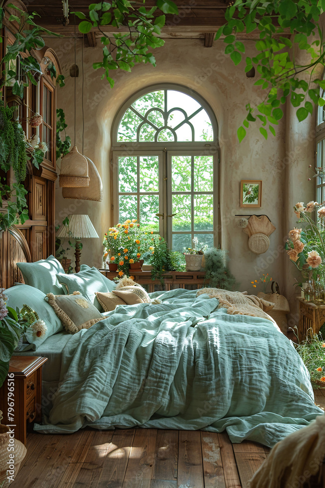 Interior design photo with dreamy bedroom, wooden floor with cozy atmosphere