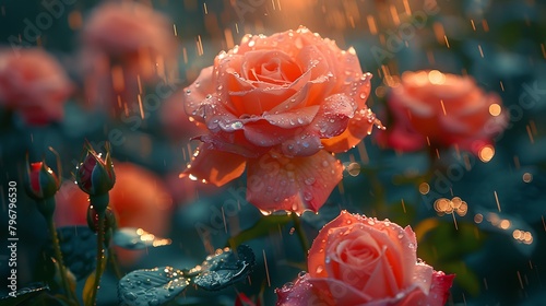 Create a scene of a rose bush during a heavy downpour, with roses in varying stages of bloom