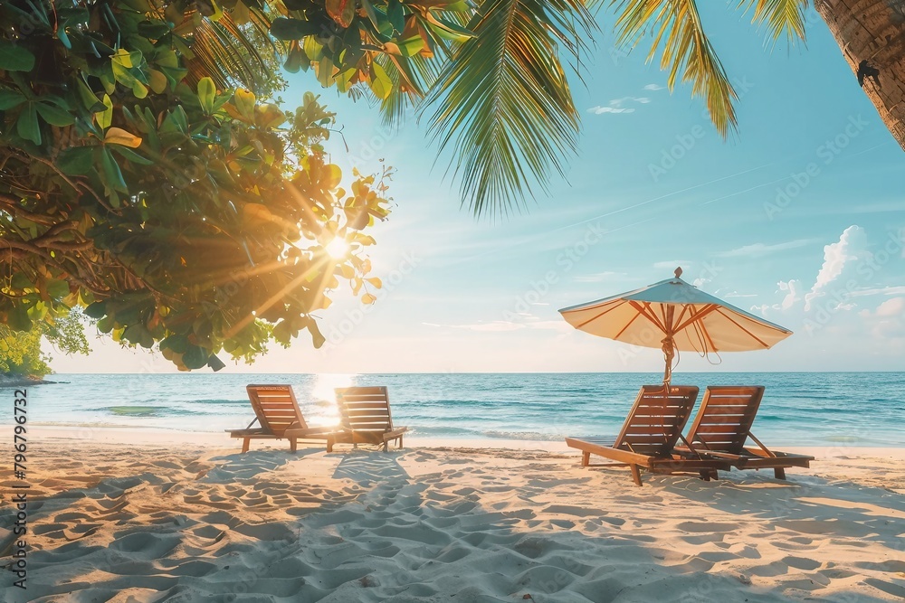Fototapeta premium Beautiful beach. Chairs on the sandy beach near the sea. Summer holiday and vacation concept for tourism. Inspirational tropical landscape. generative ai.