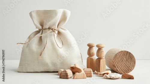 A set of wooden toys packaged in a reusable fabric bag with a label that reads Sustainable play sustainable packaging for a better future..