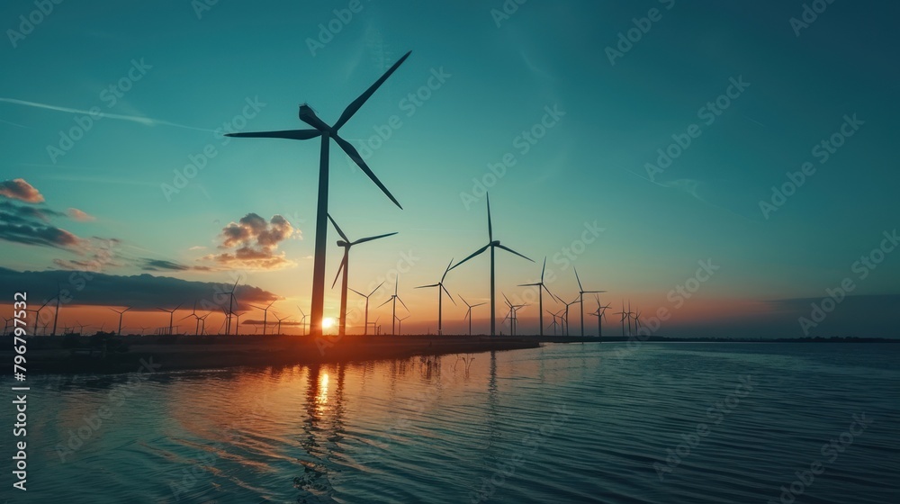 Landscape Windmills over river. Wind turbines for power generation before sunset