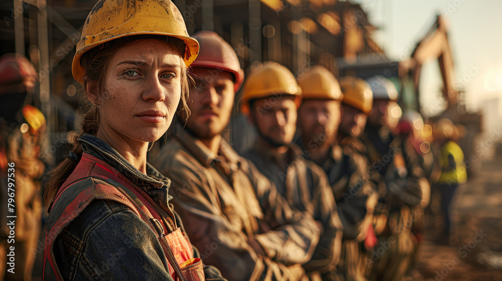 A group of construction workers wearing yellow helmets stand in a line. A woman in the middle of the line is wearing a hard hat and a red vest