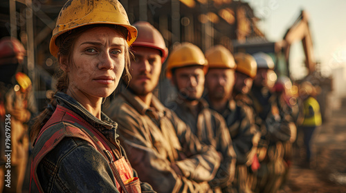 A group of construction workers wearing yellow helmets stand in a line. A woman in the middle of the line is wearing a hard hat and a red vest photo