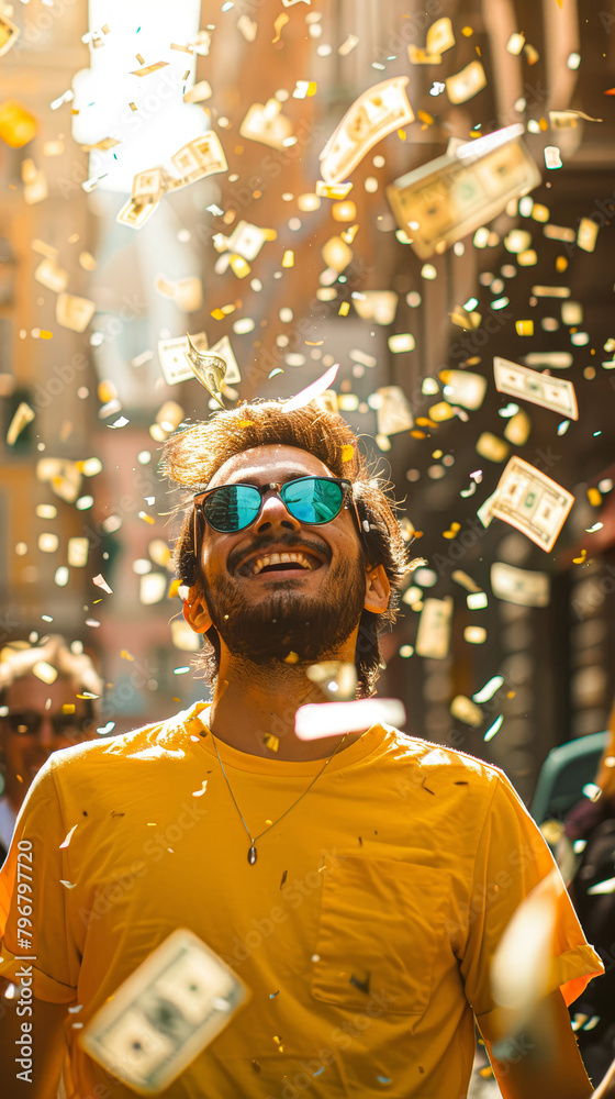 A man in a yellow shirt is surrounded by money and is smiling. Concept of joy and celebration