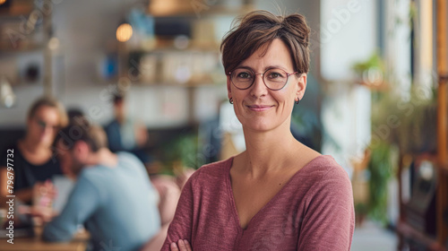 A woman in a red shirt is smiling and posing for a picture. She is surrounded by other people in the background, some of whom are looking at her. The scene takes place in a cafe