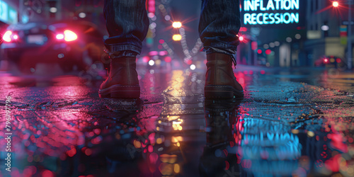 A person is standing in the rain with a neon sign behind them that says inflation recession. The scene is set in a city with cars and traffic lights in the background