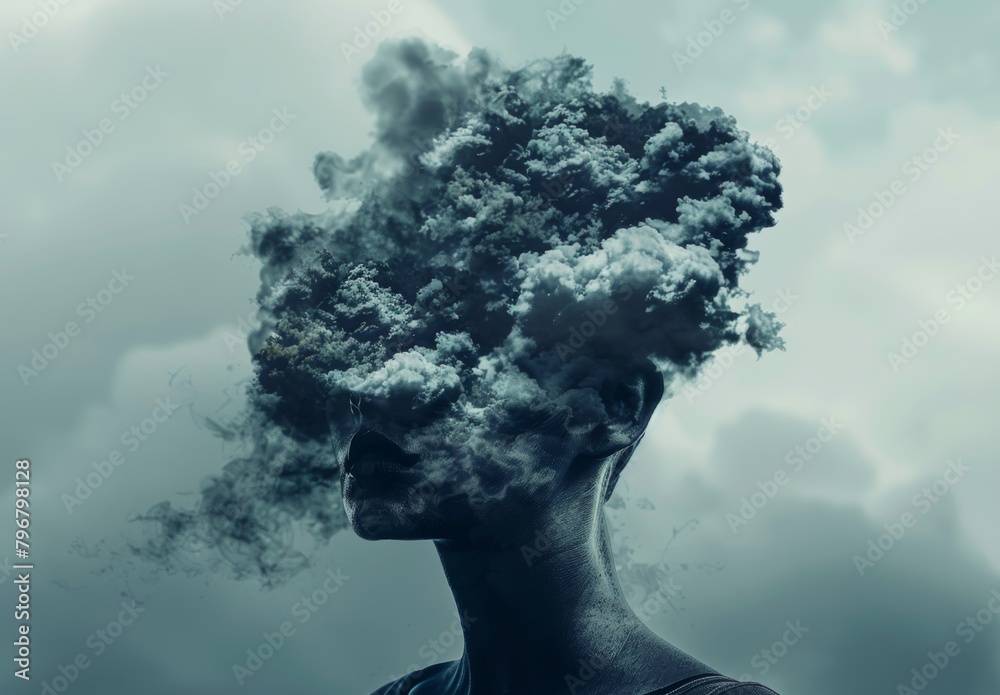 A human's head obscured by a dark cloud labeled AI A human's head obscured by a dark cloud labeled AI