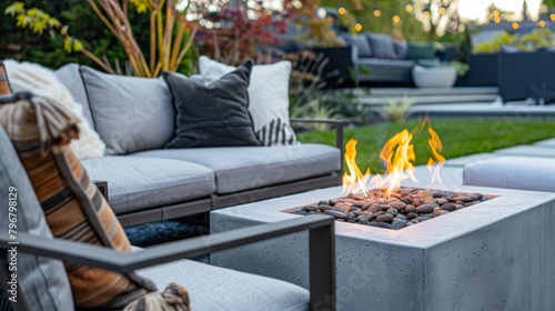 From the sleek and stylish fire pit to the contemporary outdoor furnishings every element of the backyard has been carefully curated to create a luxurious and inviting 2d flat cartoon.