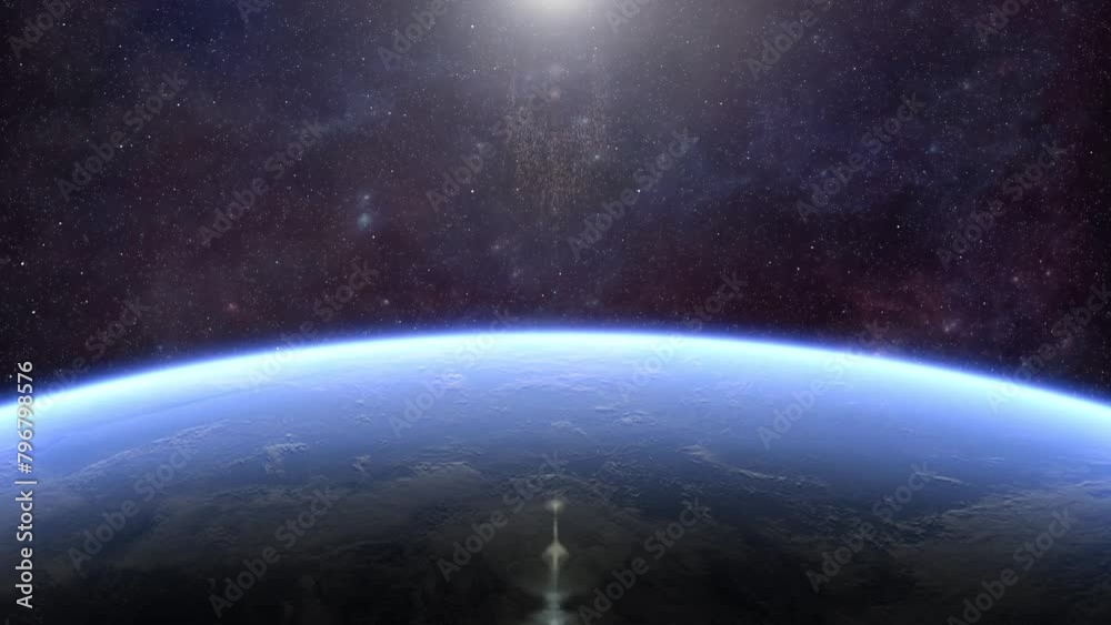 As the camera orbits the earth, the stars and sun rise above the horizon, illuminating the glowing horizon. To learn how you can customize this animation, see my profile.