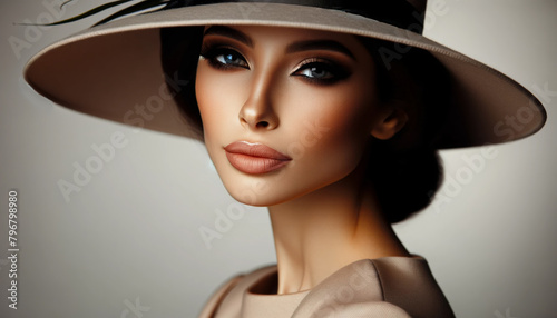 portrait of a beautiful young woman in a wide-brimmed beige hat on a gray background