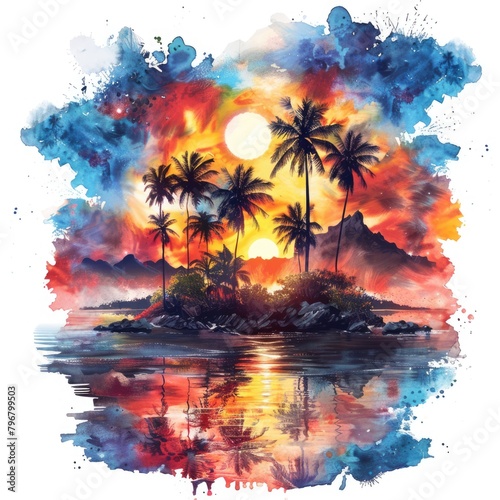 An illustration tropical island paradise, painted in a lush, vibrant watercolor style, with bold, bright colors creating a sense of exoticism and adventure, AI Generative photo