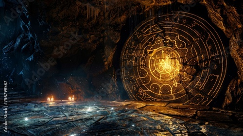 A dark mysterious cave adorned with ancient runes and symbols where alchemists draw upon the energy and power of the earth to create . .