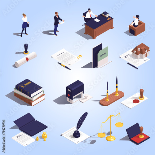 Notary services isometric icons set with seals ink documents contracts characters of notaries isolated on grey background vector illustration